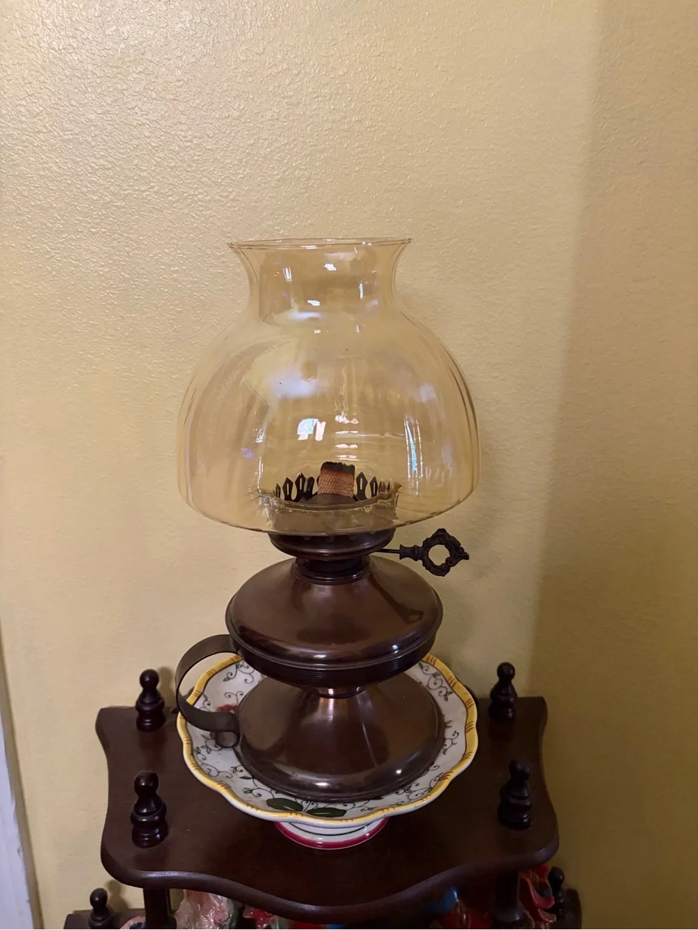 Antique-Style Copper Oil Lamp with Amber Mushroom Glass Shade - Brown and Clear